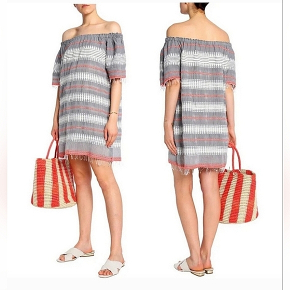 EUC Lemlem Womens Woven Stripe Off Shoulder Mini Shift Dress Grey White Small - Picture 1 of 12